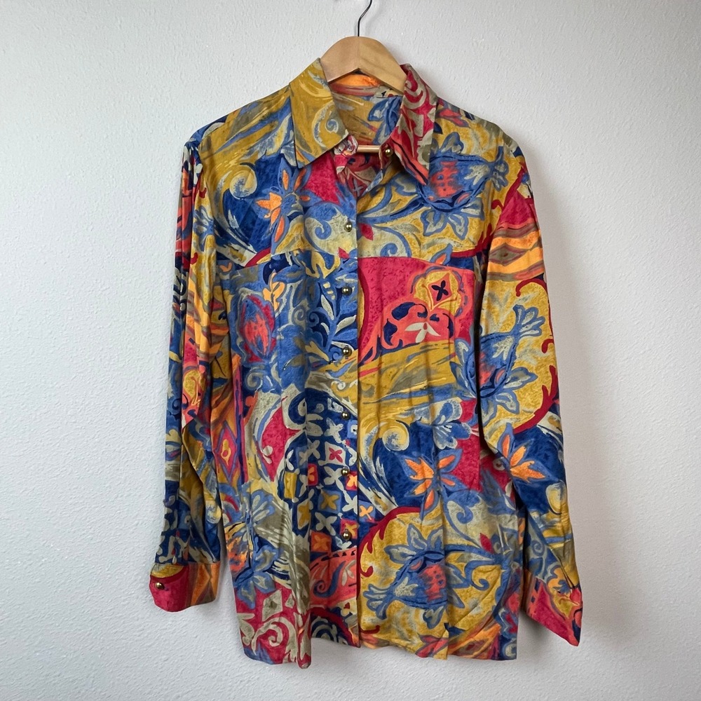 Howard Wolf‎ Button Up Shirt Womens XL Multicolor Vintage Art Deco Paisley Bold